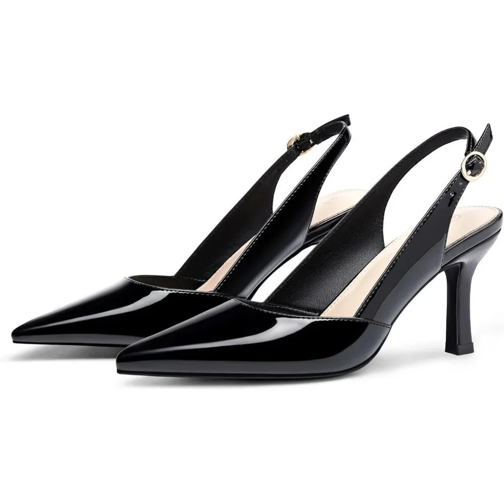 Women's Black Leather Kitten Heels Closed Pointed Toe Wedding Party Dress Pumps